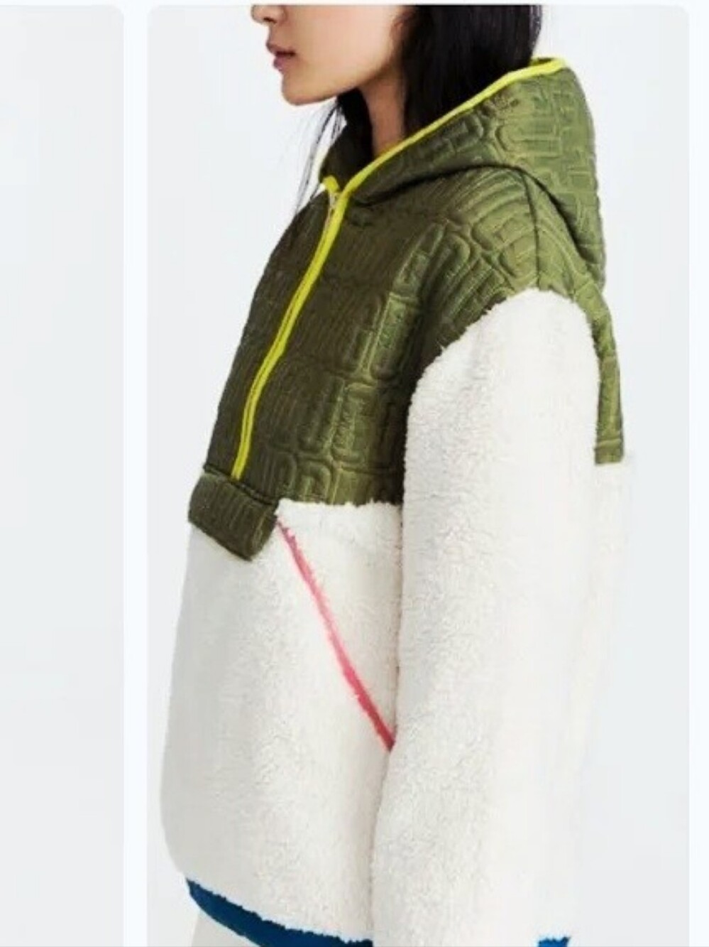 UGG Iggy Unisex Sherpa Half Green and Cream Hooded Quilted Sherpa Pullover